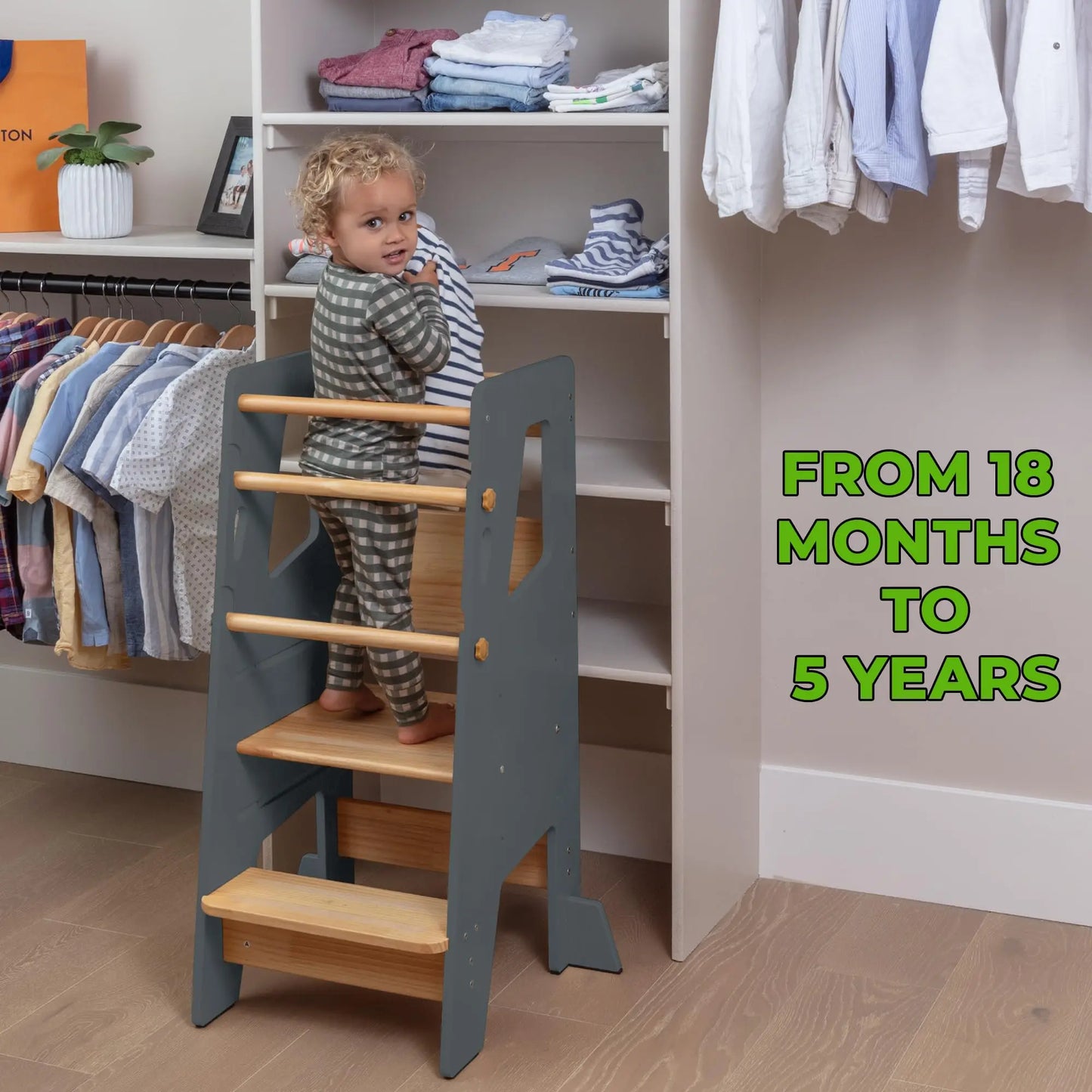 πͺ Montessori Foldable Wooden Learning Tower β Kitchen Helper Step Stool with Storage