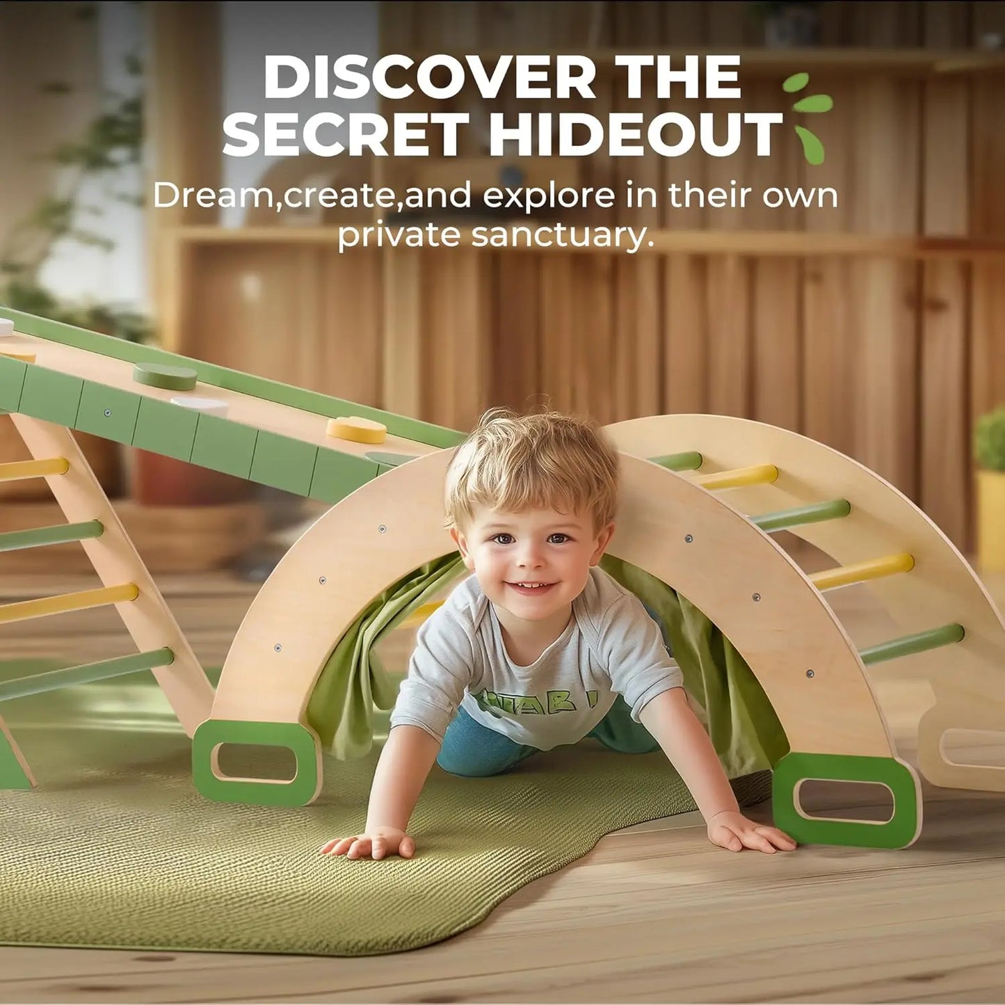 ⛰️ Montessori 7-in-1 Foldable Wooden Climbing Set – Pikler Triangle with Rope Net for Kids