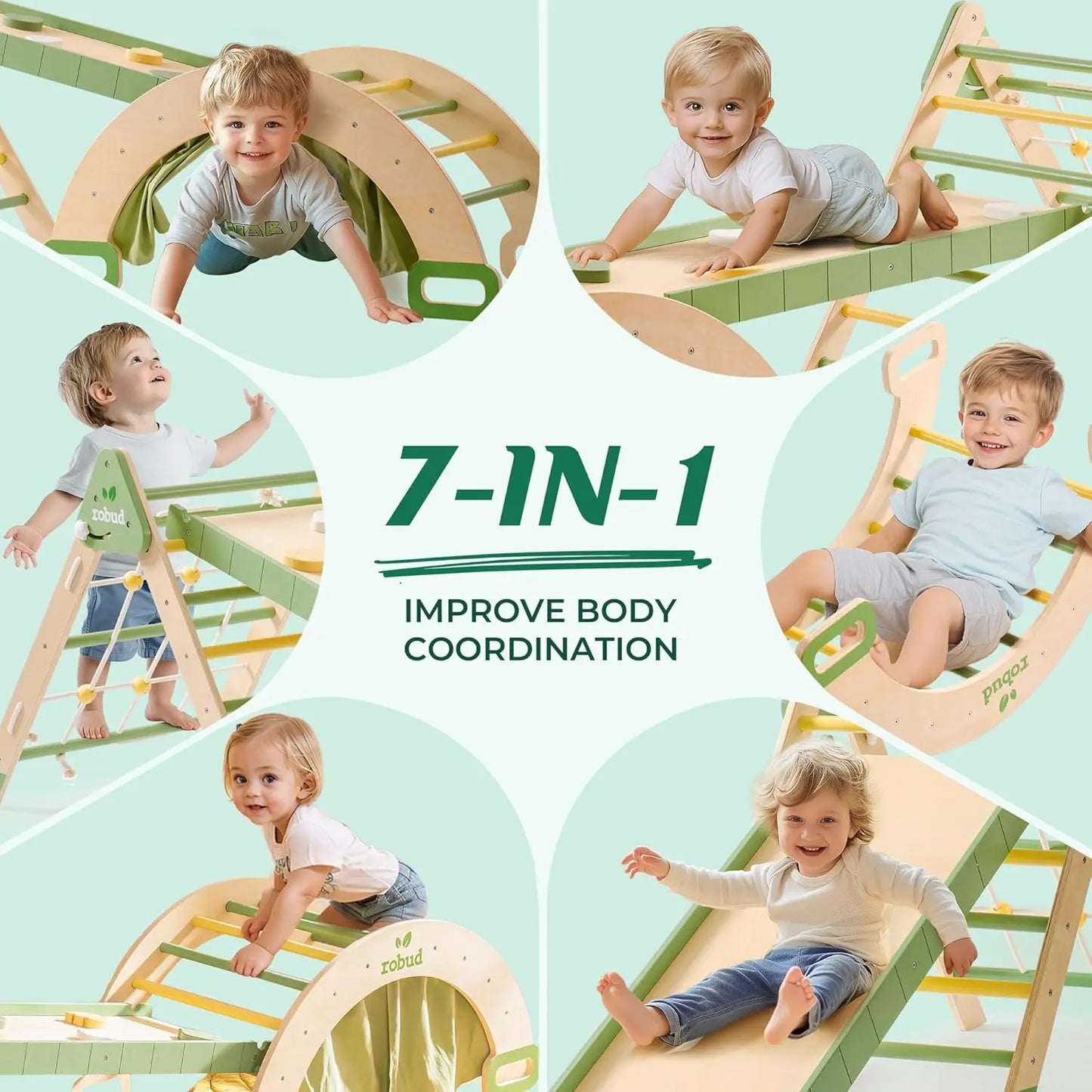 ⛰️ Montessori 7-in-1 Foldable Wooden Climbing Set – Pikler Triangle with Rope Net for Kids