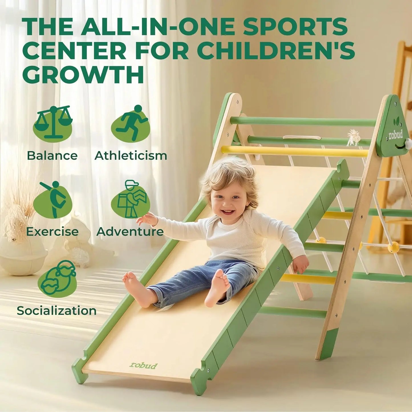 ⛰️ Montessori 7-in-1 Foldable Wooden Climbing Set – Pikler Triangle with Rope Net for Kids