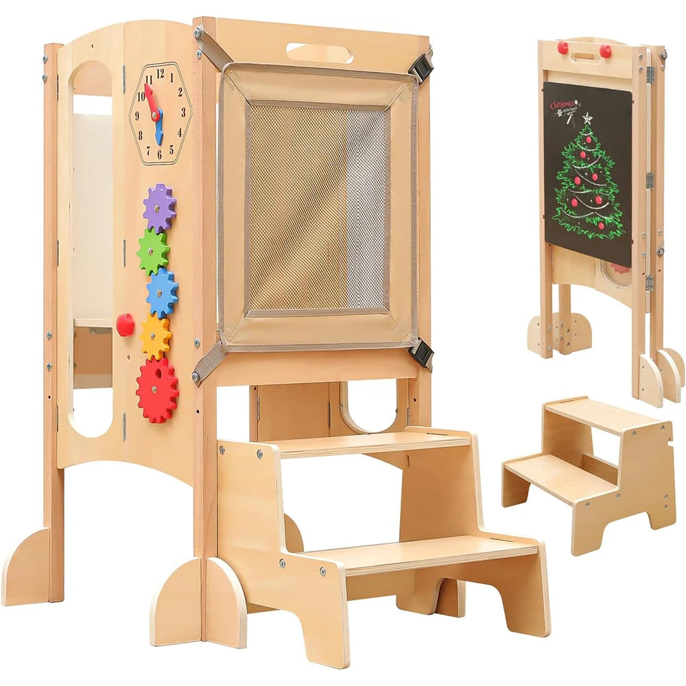 🧒 Wooden Montessori Learning Tower – Adjustable Step Stool for Kids
