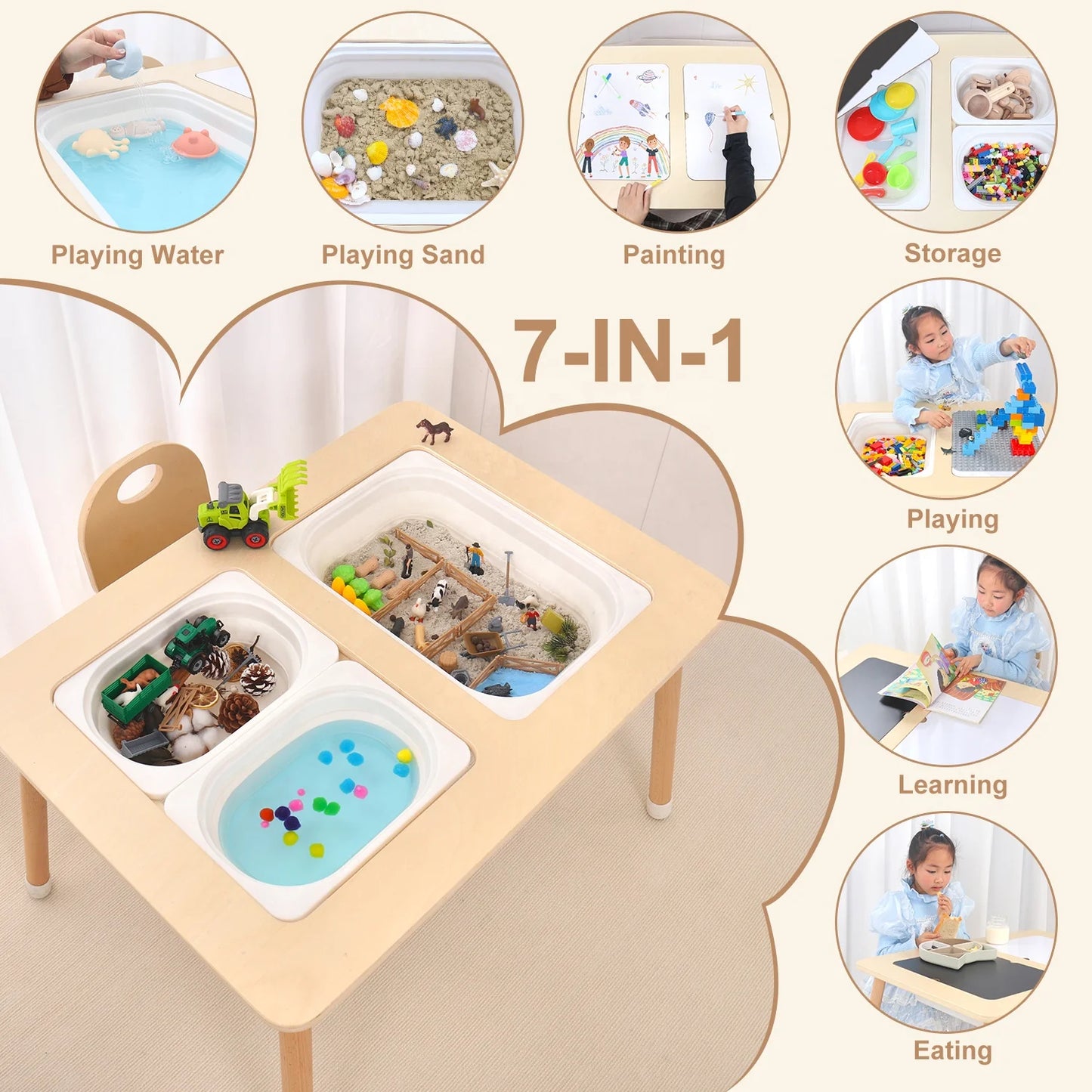 🪑 Montessori Wooden Kids Activity Table – Sensory, Sand, Water & Study Desk