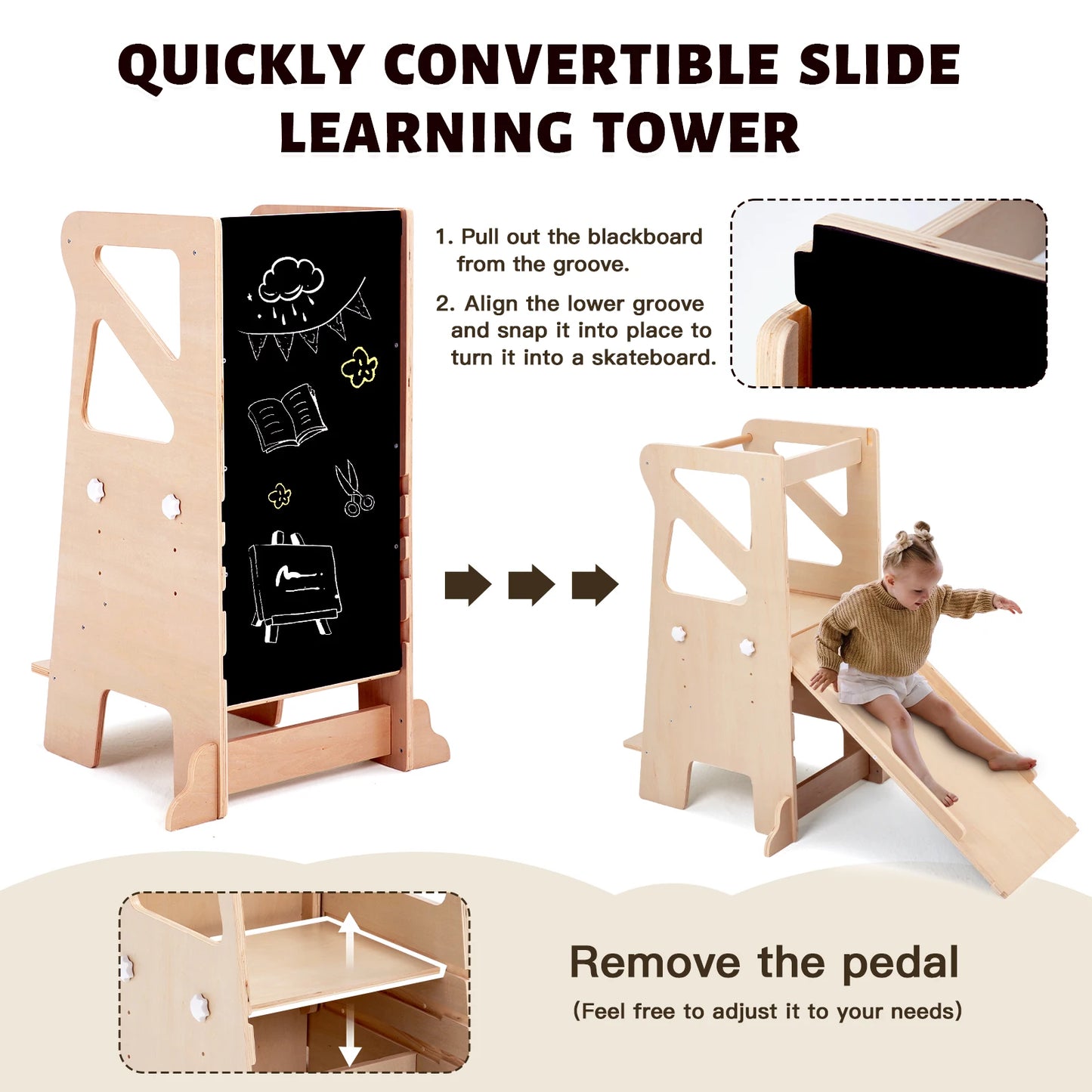 🎨 Montessori 4-in-1 Foldable Learning Tower – Wooden Kitchen Helper Step Stool with Adjustable Chalkboard