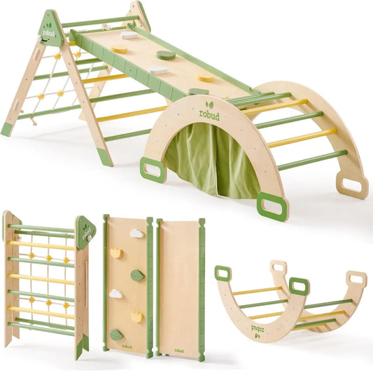 ⛰️ Montessori 7-in-1 Foldable Wooden Climbing Set – Pikler Triangle with Rope Net for Kids