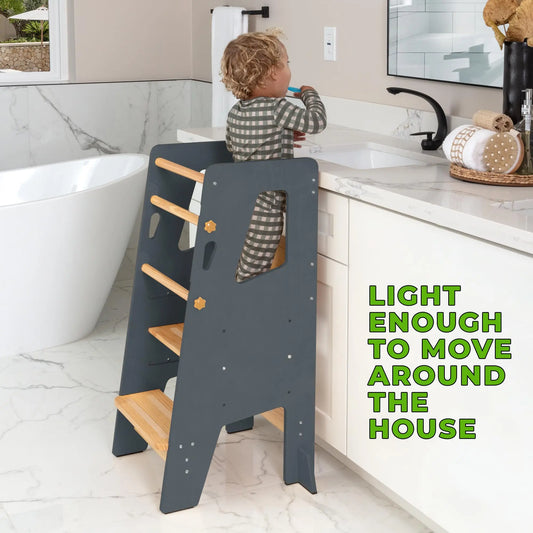 🪜 Montessori Foldable Wooden Learning Tower – Kitchen Helper Step Stool with Storage