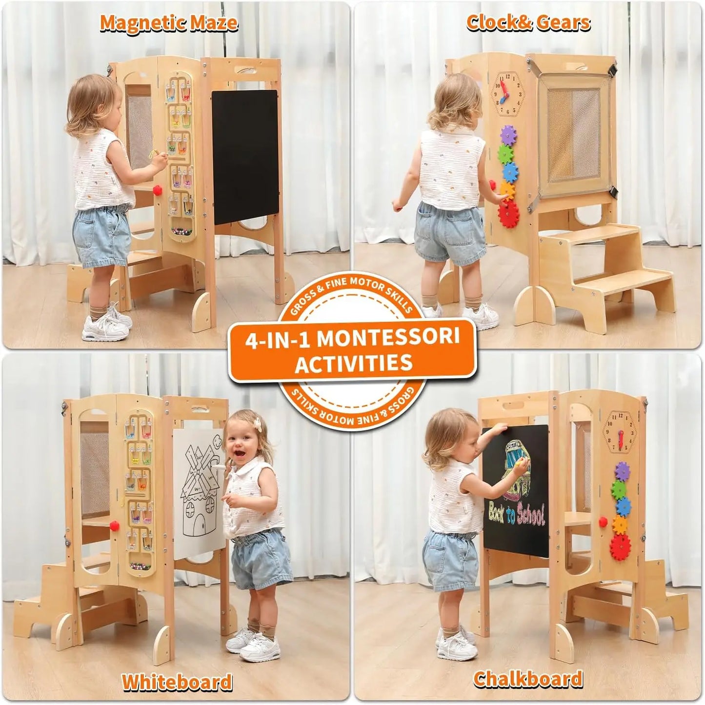 🧒 Wooden Montessori Learning Tower – Adjustable Step Stool for Kids