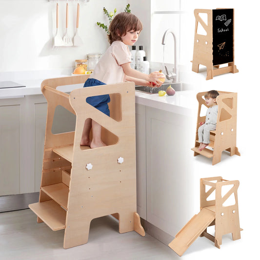 🎨 Montessori 4-in-1 Foldable Learning Tower – Wooden Kitchen Helper Step Stool with Adjustable Chalkboard