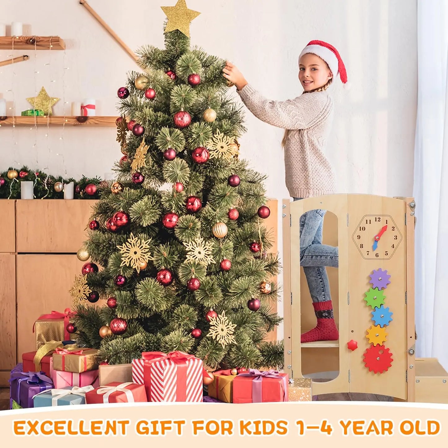 🧒 Wooden Montessori Learning Tower – Adjustable Step Stool for Kids