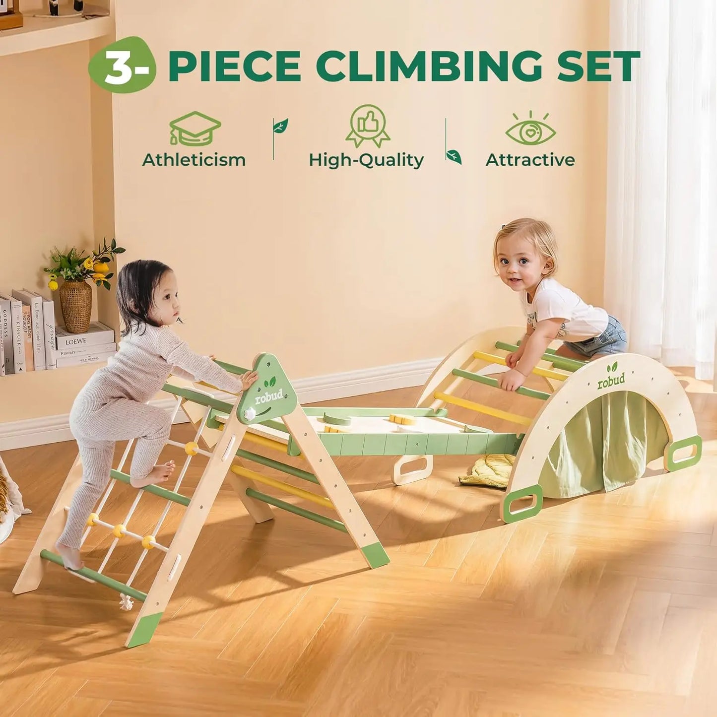 ⛰️ Montessori 7-in-1 Foldable Wooden Climbing Set – Pikler Triangle with Rope Net for Kids