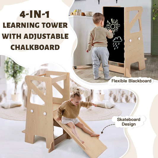 🎨 Montessori 4-in-1 Foldable Learning Tower – Wooden Kitchen Helper Step Stool with Adjustable Chalkboard