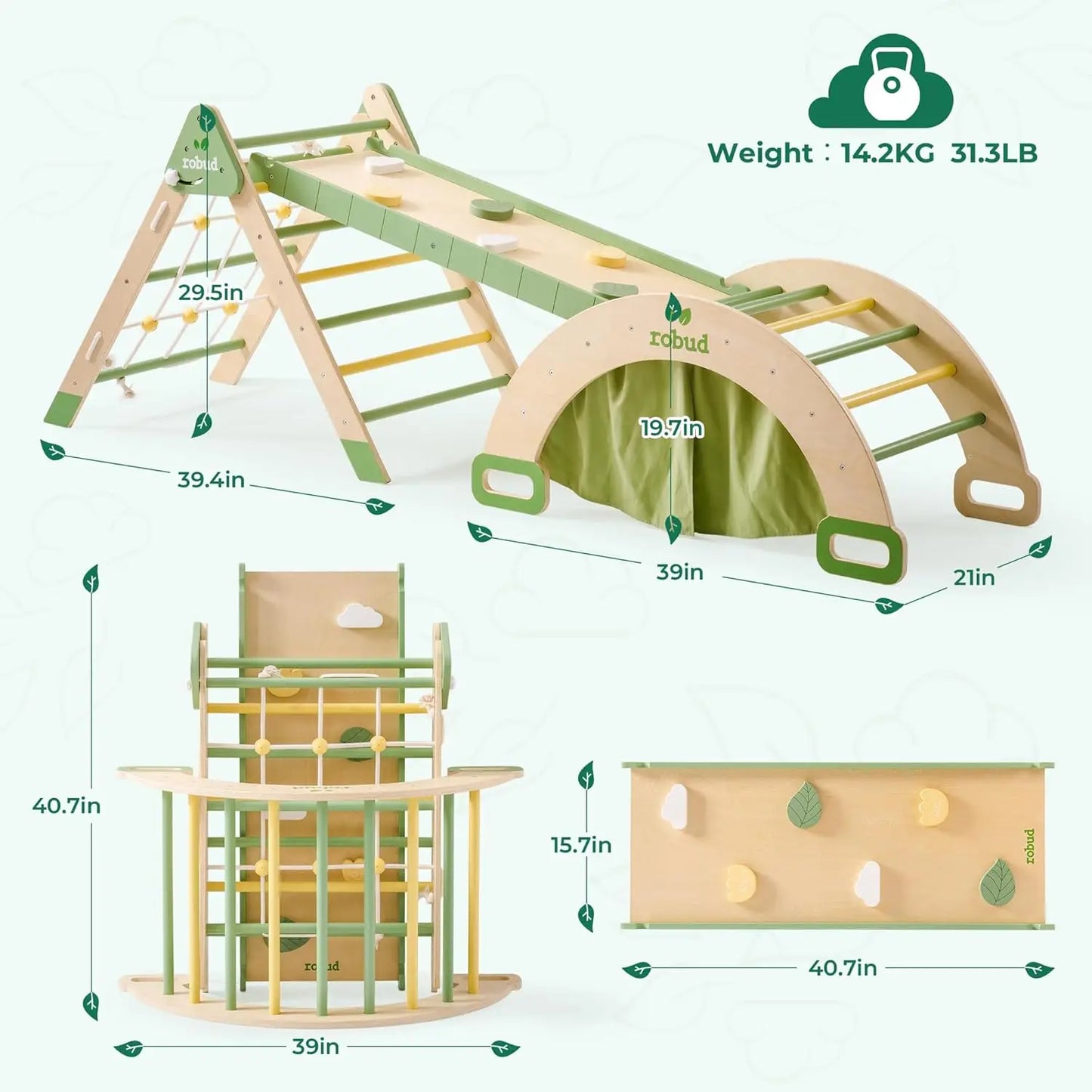 ⛰️ Montessori 7-in-1 Foldable Wooden Climbing Set – Pikler Triangle with Rope Net for Kids