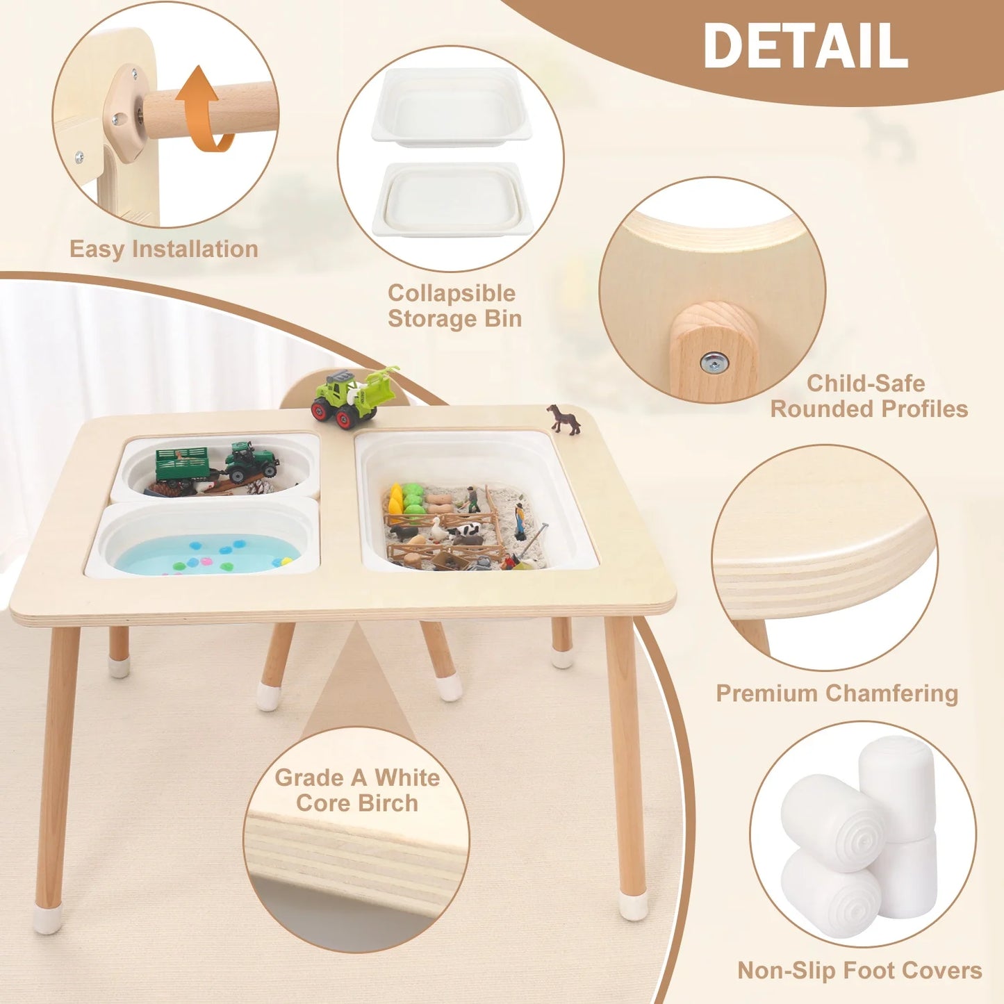 🪑 Montessori Wooden Kids Activity Table – Sensory, Sand, Water & Study Desk