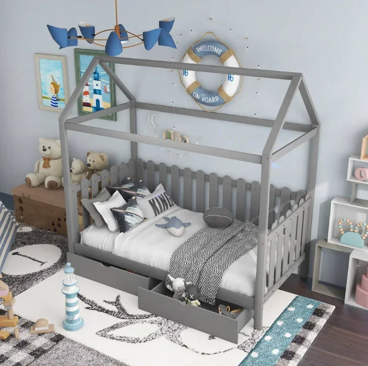 🛏️ Montessori Wooden House Bed for Kids – Toddler & Children’s Bedroom Furniture