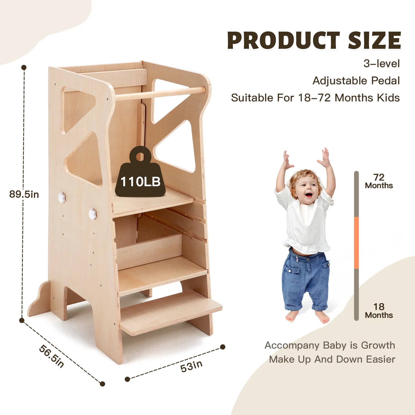 🎨 Montessori 4-in-1 Foldable Learning Tower – Wooden Kitchen Helper Step Stool with Adjustable Chalkboard