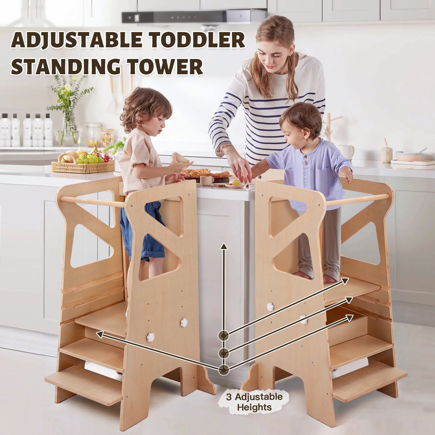 🎨 Montessori 4-in-1 Foldable Learning Tower – Wooden Kitchen Helper Step Stool with Adjustable Chalkboard
