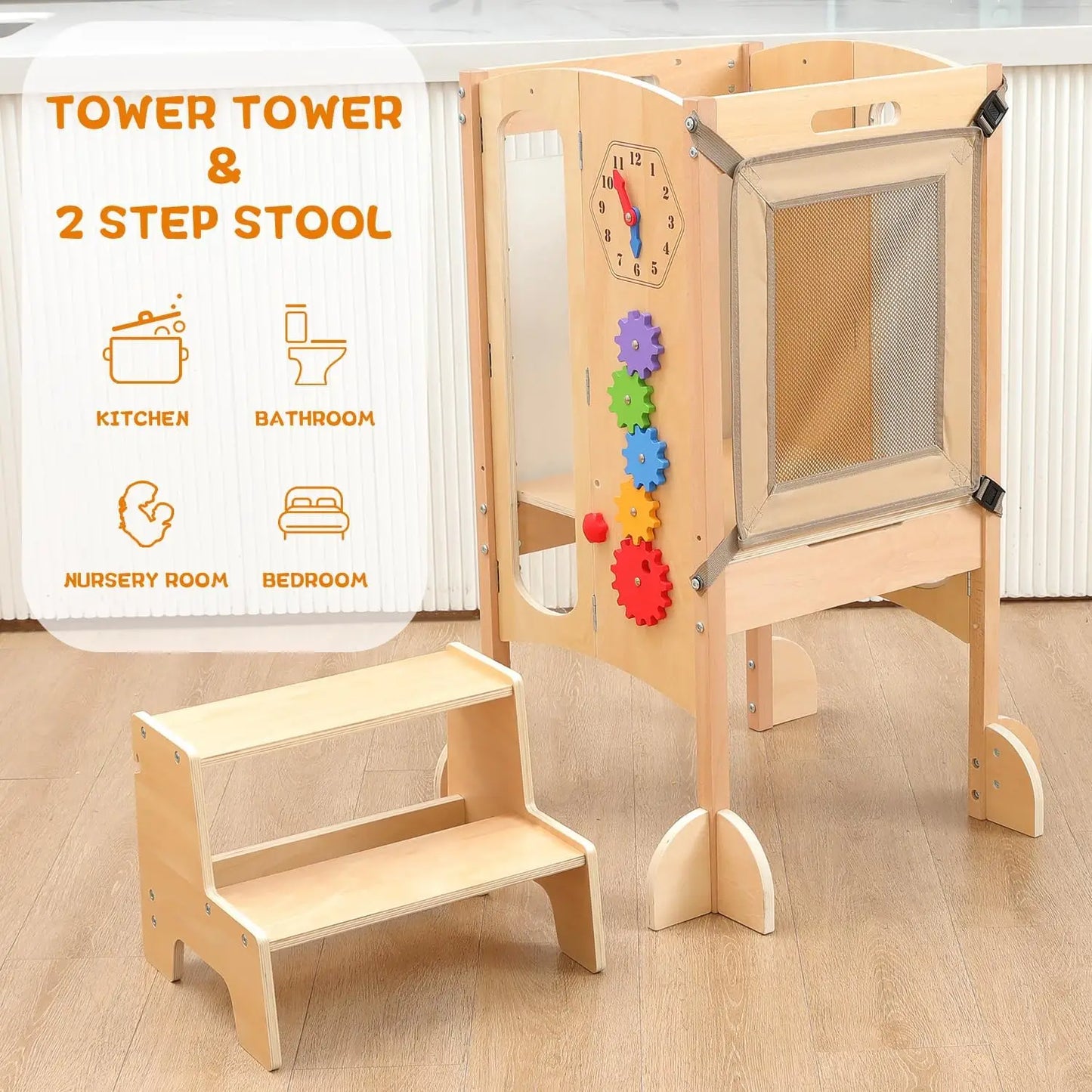 🧒 Wooden Montessori Learning Tower – Adjustable Step Stool for Kids