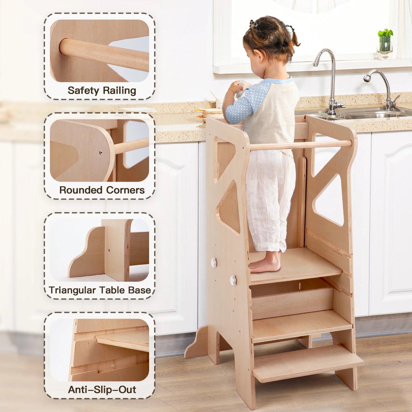 🎨 Montessori 4-in-1 Foldable Learning Tower – Wooden Kitchen Helper Step Stool with Adjustable Chalkboard